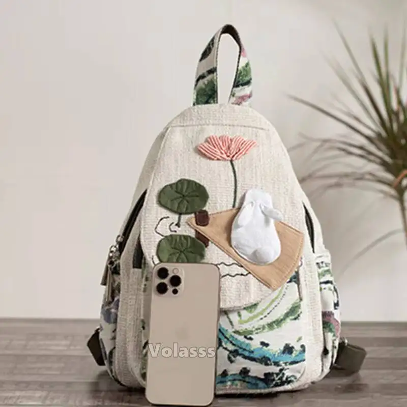 MOTAORA Casual Canvas Backpack Women's Lightweight Travel Shoulder Bag Rabbit Pattern Multi Compartment Handbag Purse