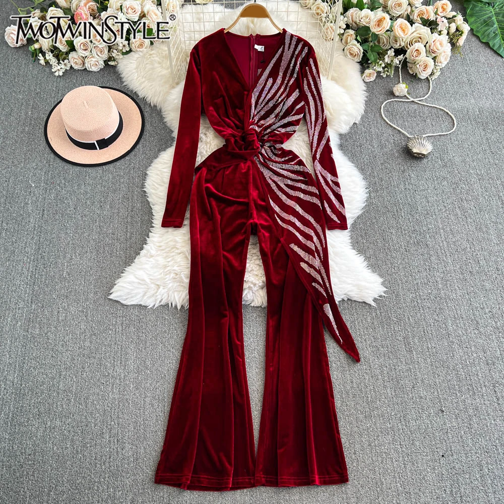 

TWOTWINSTYLE Hit Color Streetwear Jumpsuit For Women V Neck Long Sleeve High Waist Wide Leg Fashion Jumpsuits Female KJU518169