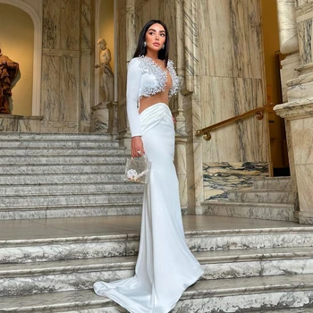 Luxo Pérolas Beading cetim vestidos nupciais, mangas completas, tafetá, vestidos de festa de casamento, Sexy, escavar, baile