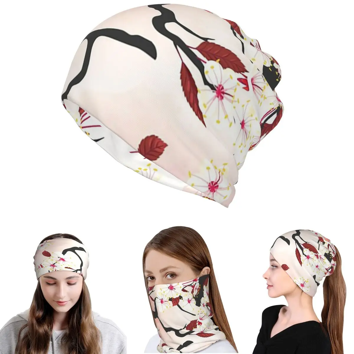 Blooming Sakura Branch Cherry Blossom Japanese Flower Bandana Neck Gaiter Mask Scarf Headband Beanies Hat for Men Women Winter