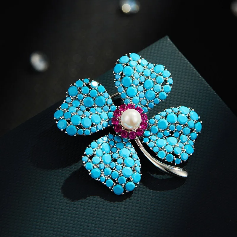 Luxury Blue Zircon Turquoise Flower Brooch Pin Delicate Handcraft Enamel Broche for Women's Summer Dress Clothing Corsage