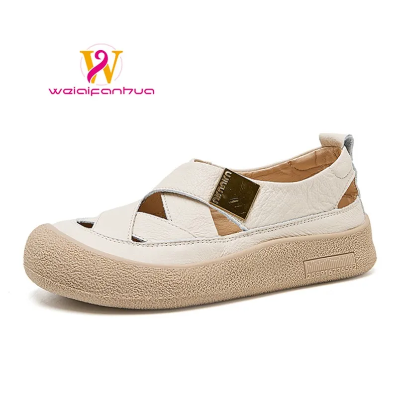 

Thick-soled Sandals 2025 Top Layer Cowhide Women's Sandals Hollowed-out Flat Shoes Anti-slip Clogs Designer Sandals