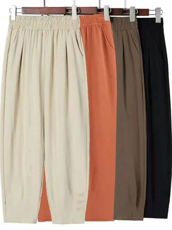 Pantalon sarouel plissé en soie glacée pour femmes, décontracté, fin, amincissant, petite taille, neuf Points, taille haute, coupe ample, nouvelle collection été