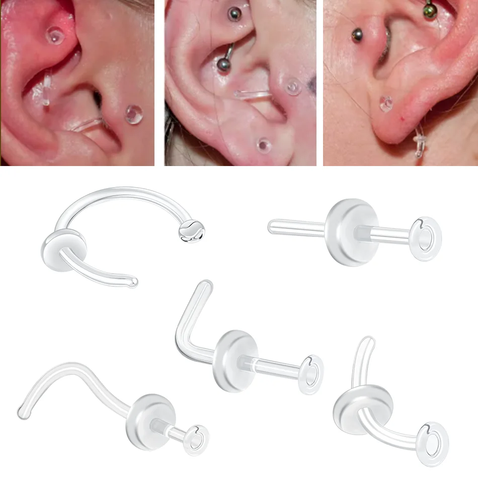 1/5PCS Glass Nose Stud Transparent Glass Straight Nose Screw Ring Retainer Holder Nose Hoop Ring Body Piercing Jewelry 20G 18G