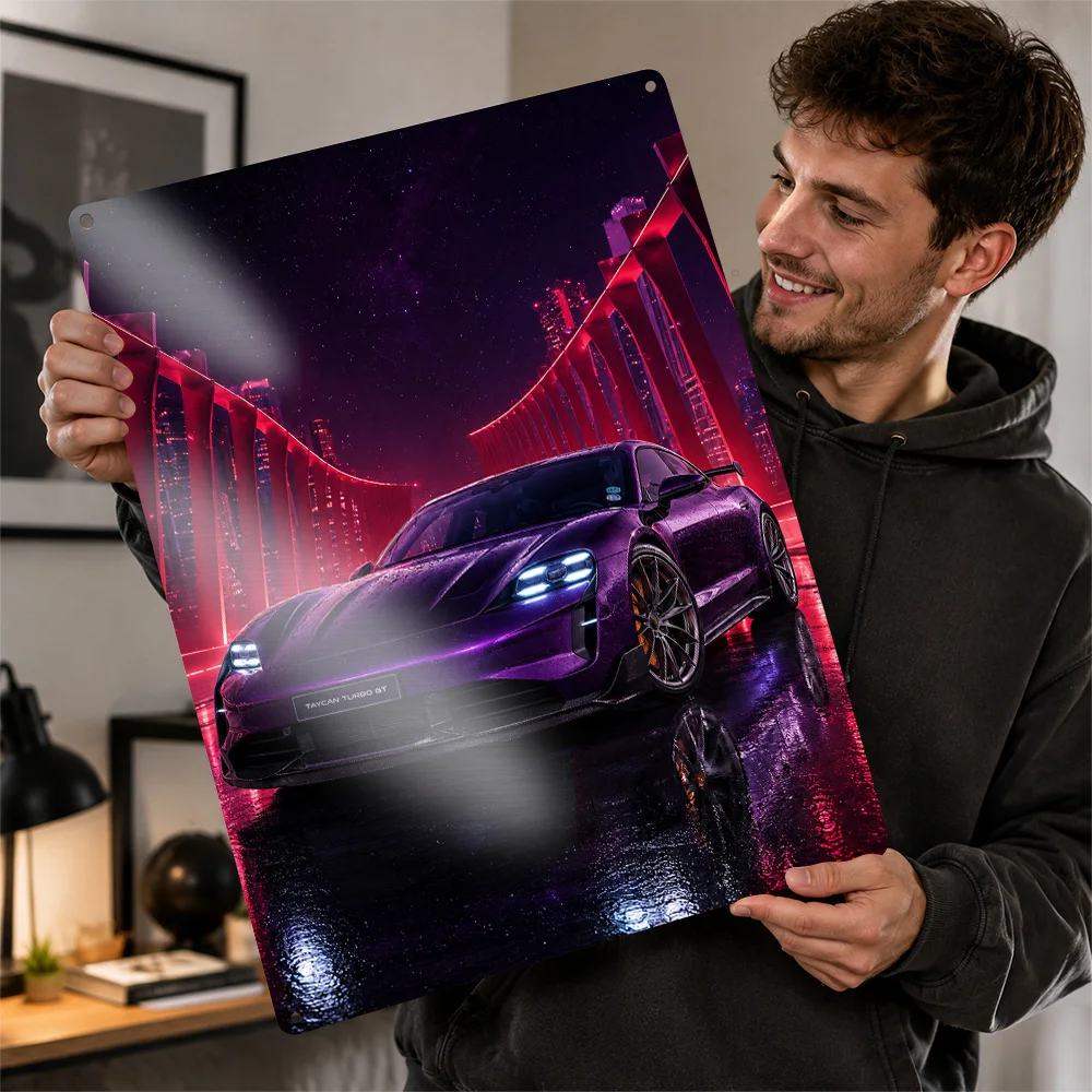 Germany Taycan Turbo GT Purple Sky Cyberpunk Sports Sedan Aluminum Poster Personalized Metal Sign Wall Art Perfect For Bedroom