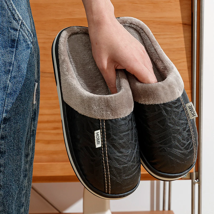 Fashion Waterproof Big Size Men's Simple Bedroom Slippers Comfy Winter Indoor Warm Couples Leisure Home PU Non-slip Plush Shoes