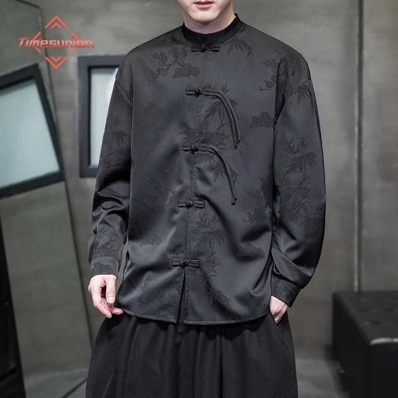 

Spring Autumn Lucky Print Silk Long Sleeve Shirts for Man Stand Collar Tang Costume Chinese Style Button up Mens Shirt