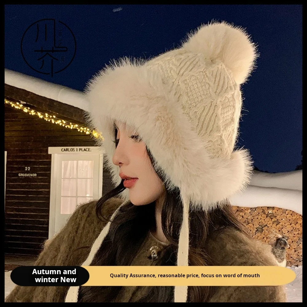 

New Imitation Rabbit Fur Warm Winter Hat For Women Cute Thick White Fluffy Ball Hat Earmuffs Slippers Plush Hat