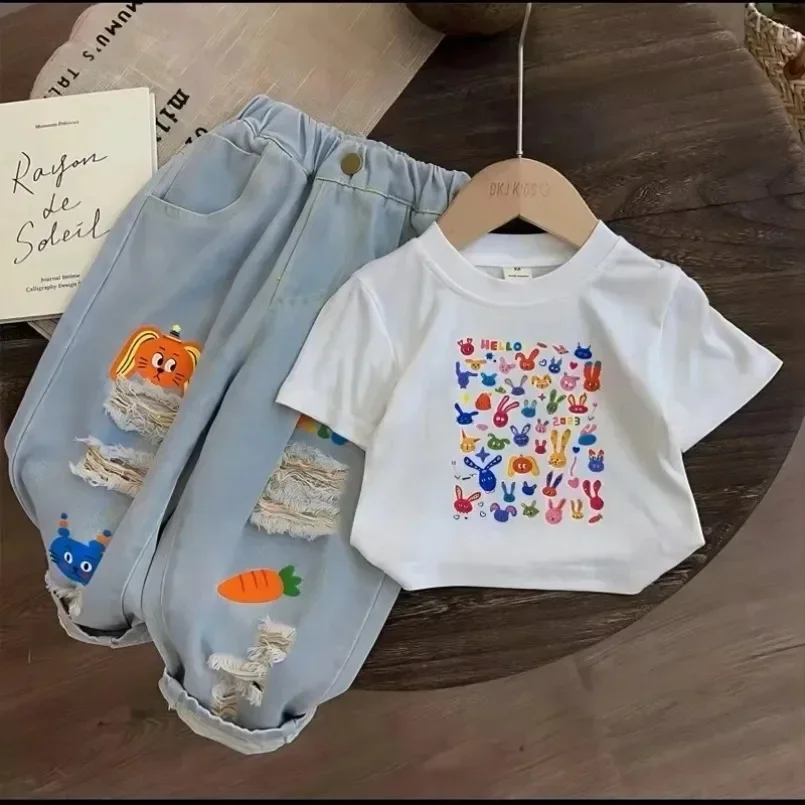 Kids Girls Clothing Set New Baby Summer Fashion T-shirt Pants 2 Piece 2024 Korean Children Girls' Jeans Sets baby girl clothes