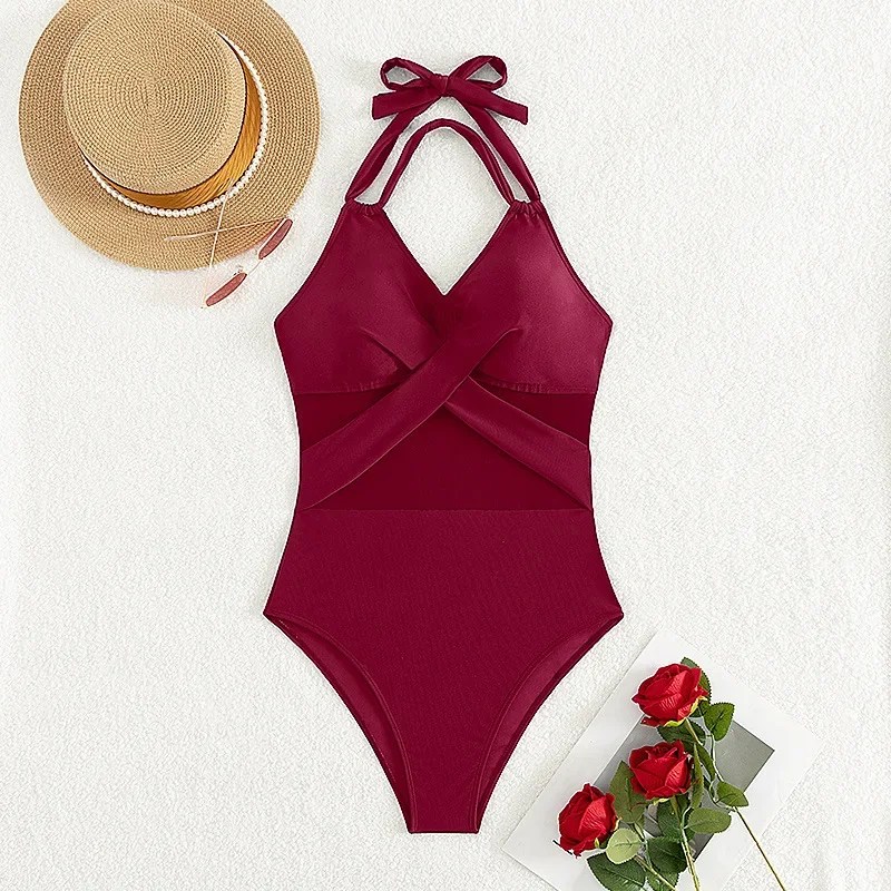 Bikini de una pieza de Color liso para mujer, traje de baño Sexy con escote en V profundo y tirantes sin espalda, traje de baño de malla translúcida de cintura alta