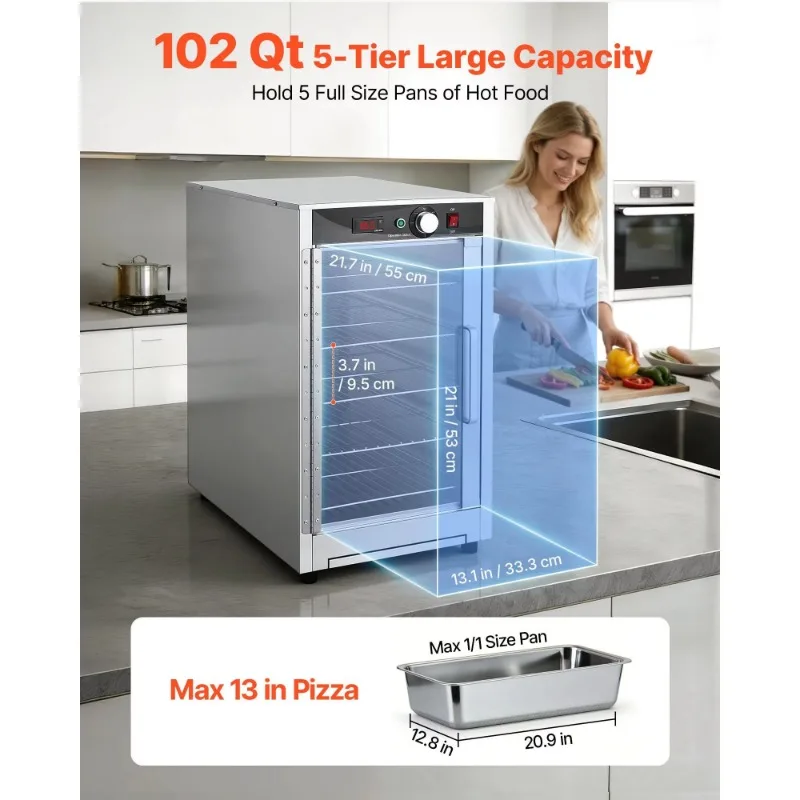 5-Layer Commercial Electric Food Warmer, Stainless Steel with Glass Door, Adjustable Shelf and Water Tray