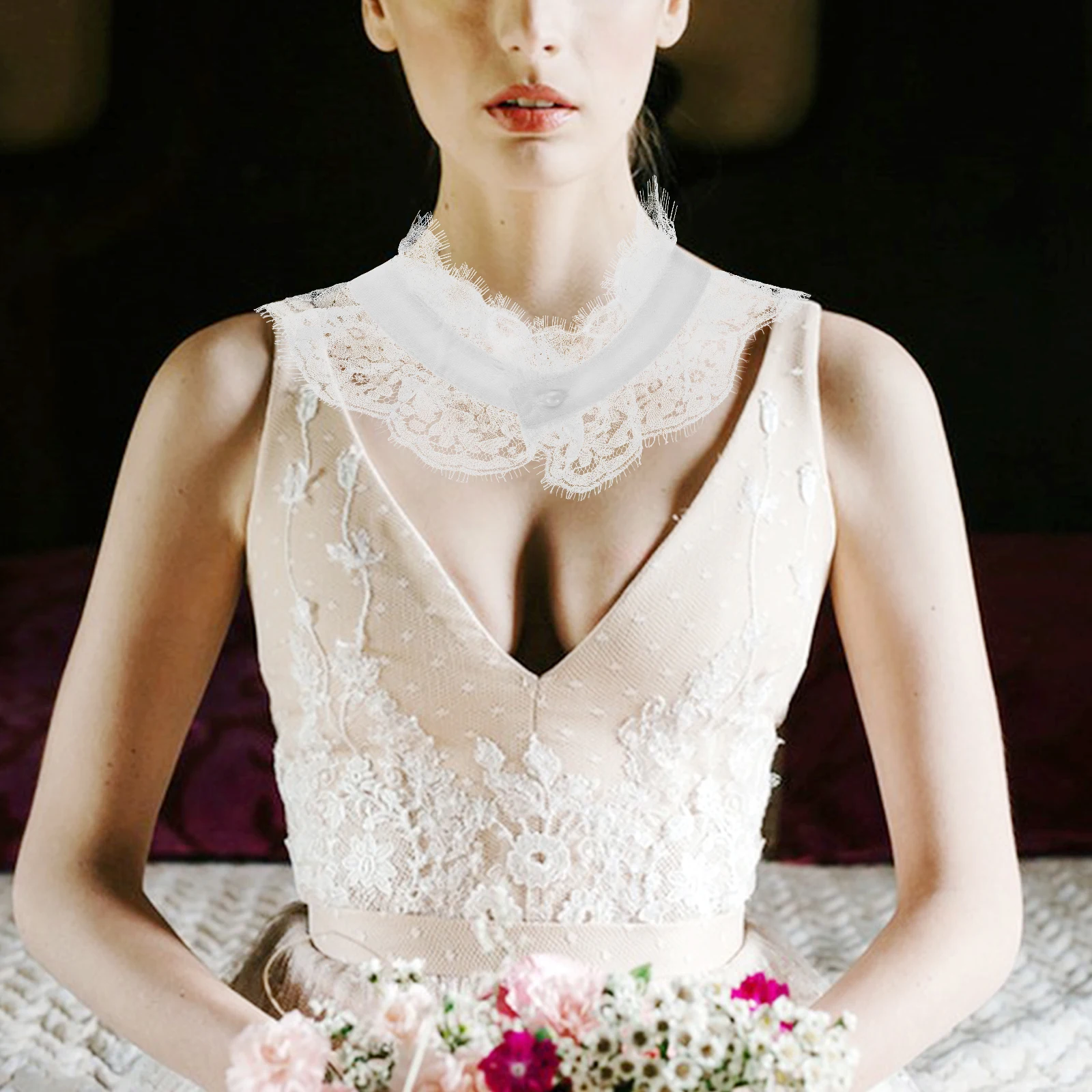 كاذبة الدانتيل طوق انفصال ديكي بلوزة نصف قميص مطرزة فو طوق شال للنساء فستان سترة أنيقة