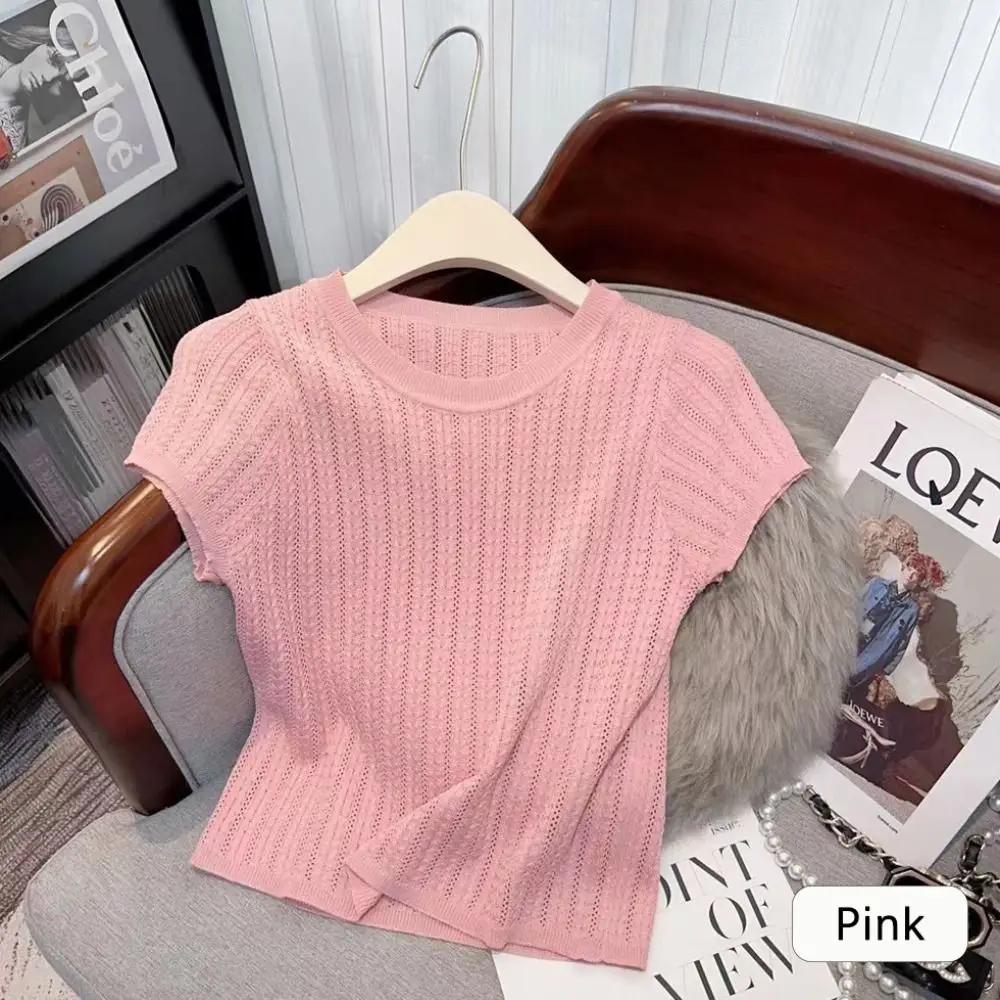 Elegant Twisted Stitch Knitted T Shirt Ice Silk Hollow Short Sleeves Shirt Slim Fit Summer Top