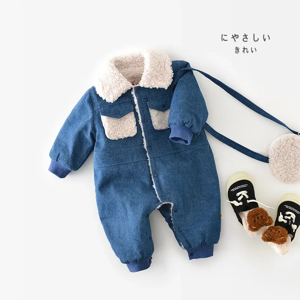 2024 Korean Autumn Winter Infant Boys Jumpsuit Cotton Denim Thick Single Breasted Romper Patchwork Fluffy Toddler Boys Outfit