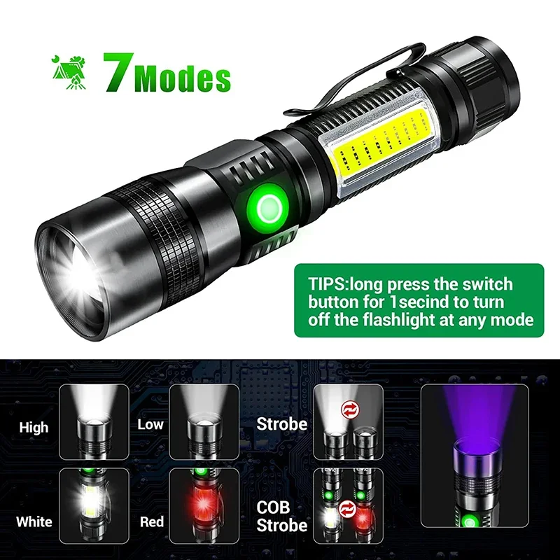 Powerful Multifunctional LED UV Flashlight Rechargeable UV Flashlights 3in1 Black Light 7 Modes Waterproof Torch Camping Lantern