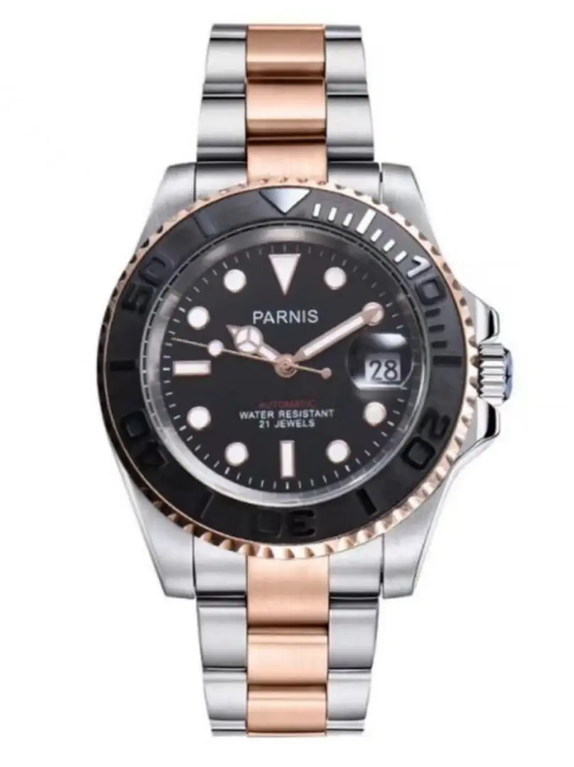Parnis Men Automatic Mechanical Watch, Yacht‑Style Inspired, Miyota 8215 Movement, Rose‑Gold Tone, Business Waterproof Wristwatc