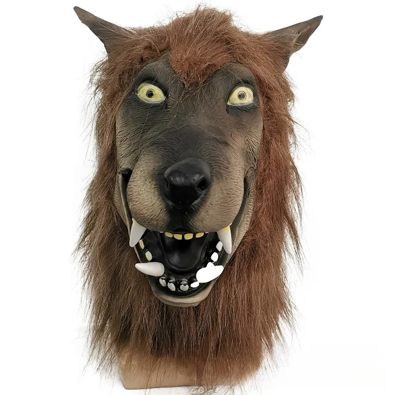 Simulated Brown Wolf Head Mask Latex Wolf Headhear Prop Brown Hair Wolf Head Mask Headcover Beast Role-playing Glowing Masques