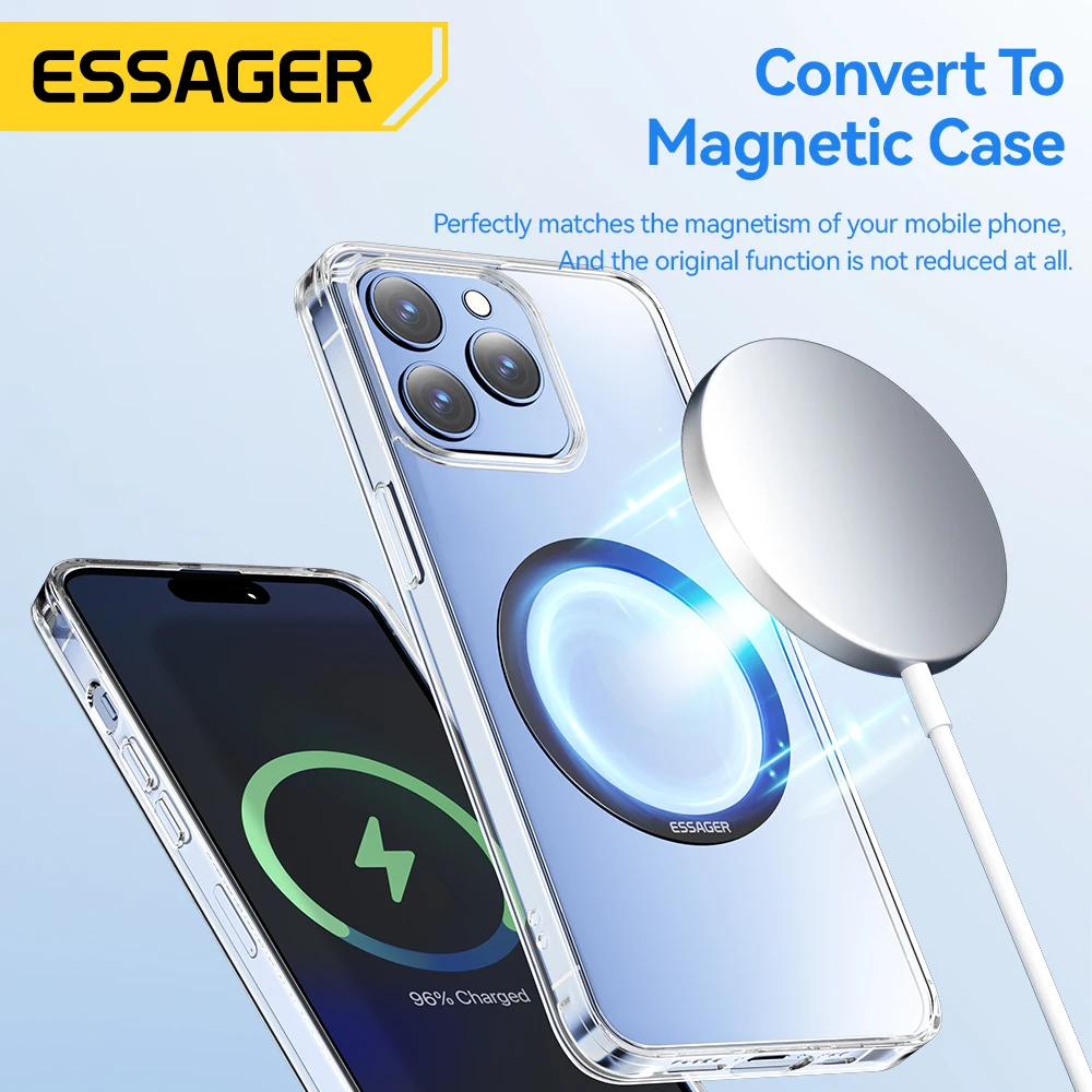 Essager 2PCS Magnetic Metal Ring for iPhone 15 14 13 12 Pro Max Plus MagSafe Magnet for Samsung Xiaomi Wireless Charging Plate