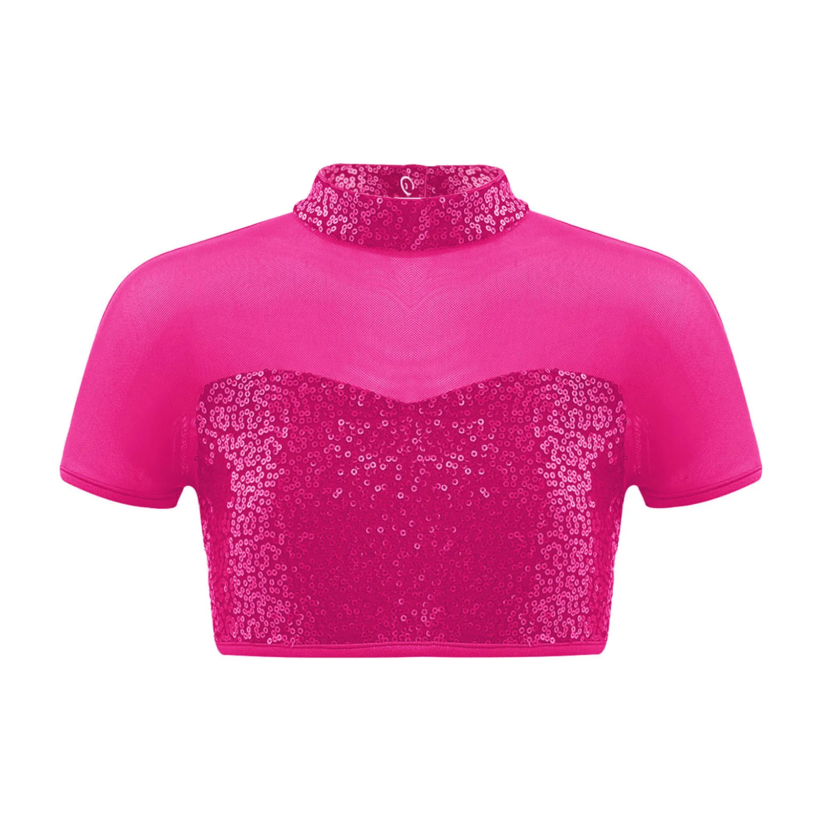 

Girls Modern Dance Cropped Top Shiny Sequins Short Sleeve Mesh Patchwork Cutout Back Shirt for Jazz Street Hip Hop Dancewear