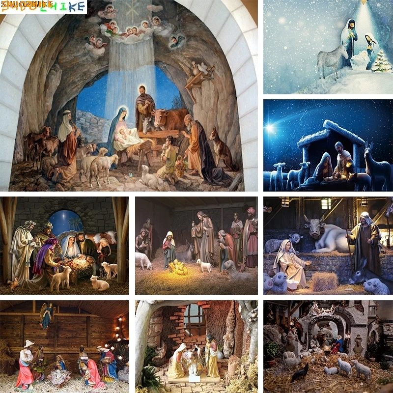 

Christmas Nativity Scene Photography Backdrops Birth of Holy Baby Jesus Christianity Newborn Party Winter Snow Background GHD-01