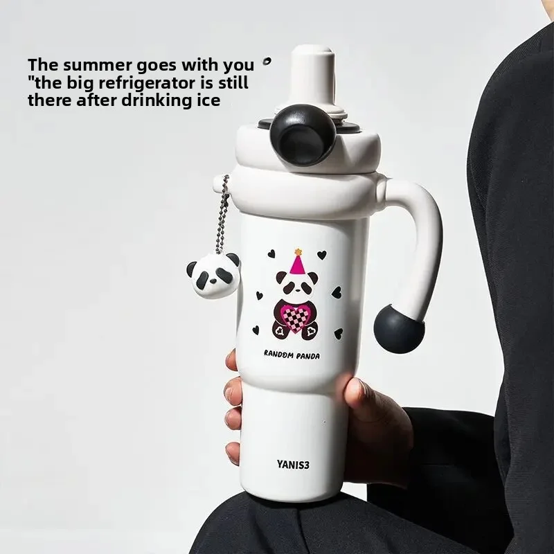 860ML Panda Double Drink Thermos Cup with Straw & Keychain,Cute Stainless Steel Thermos Cup Insulated Water Bottle for Kids view 3