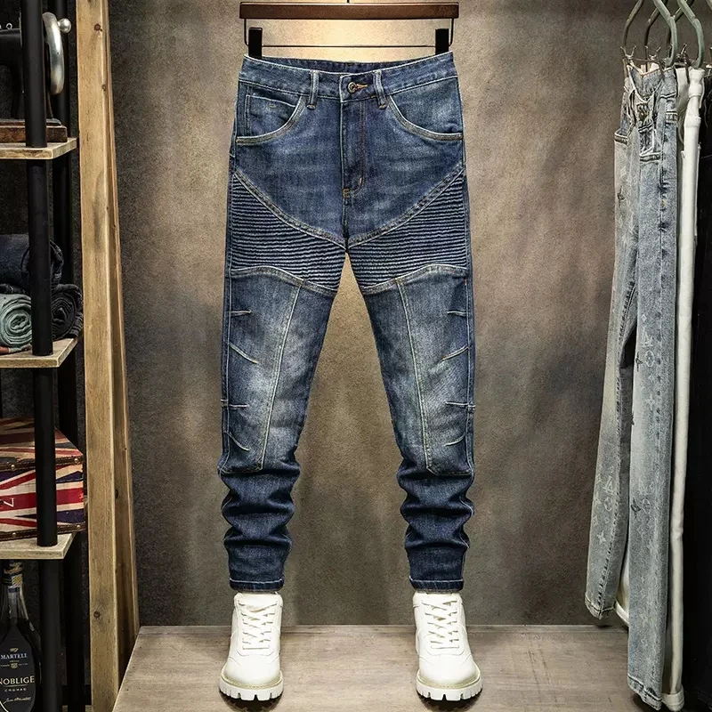 

Street Fashion Men Jeans Retro Blue Spliced Designer Elastic Skinny Biker Jeans Men Punk Trousers Patched Hip Hop Denim Pants