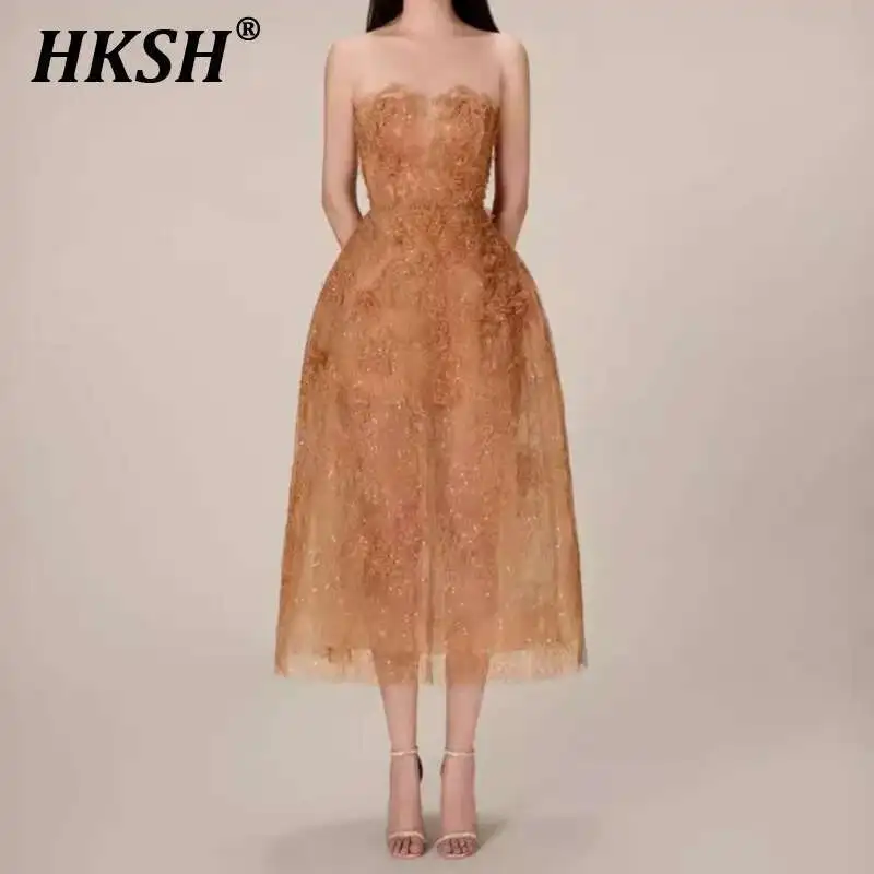 

HKSH Luxury Niche Lace Dress Designed Vietnamese Women Three-dimensional Floral Sequins Strapless Long Skirt Chic Y2K Ins HK4262