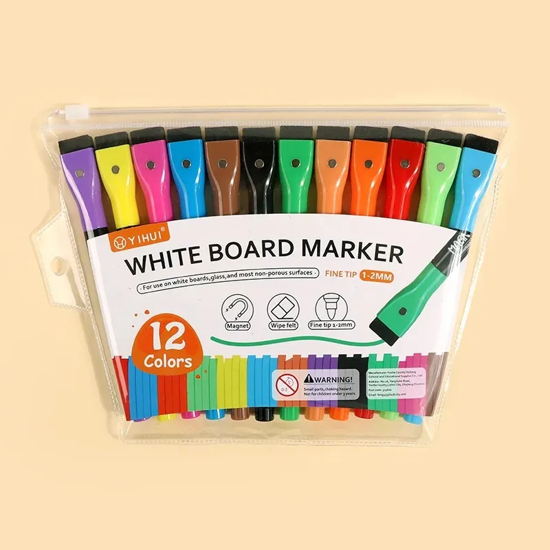 12Pcs/set Colorful School Classroom Supplies Magnetic Erasable Whiteboard Pens Marker Dry Eraser Pages Children's Drawing
