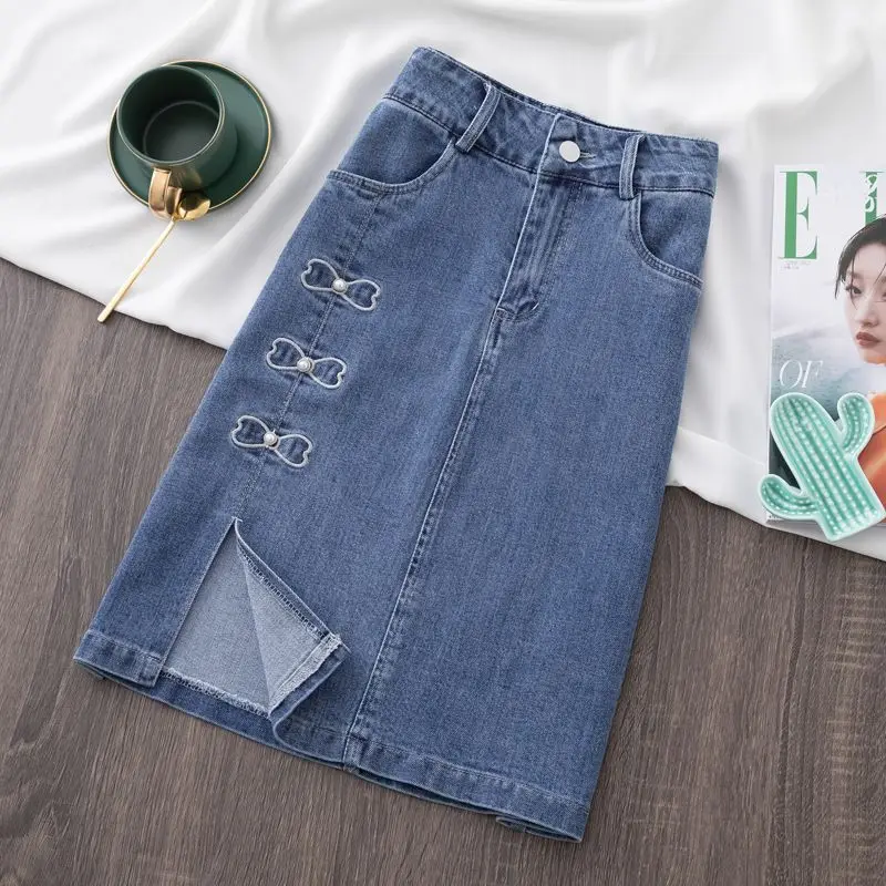 

Korean Style Summer Vintage Denim Skirt Women Elegant Embroid High Waist Casual Jeans Skirt Y2k Harajuku Streetwear Midi Skirt