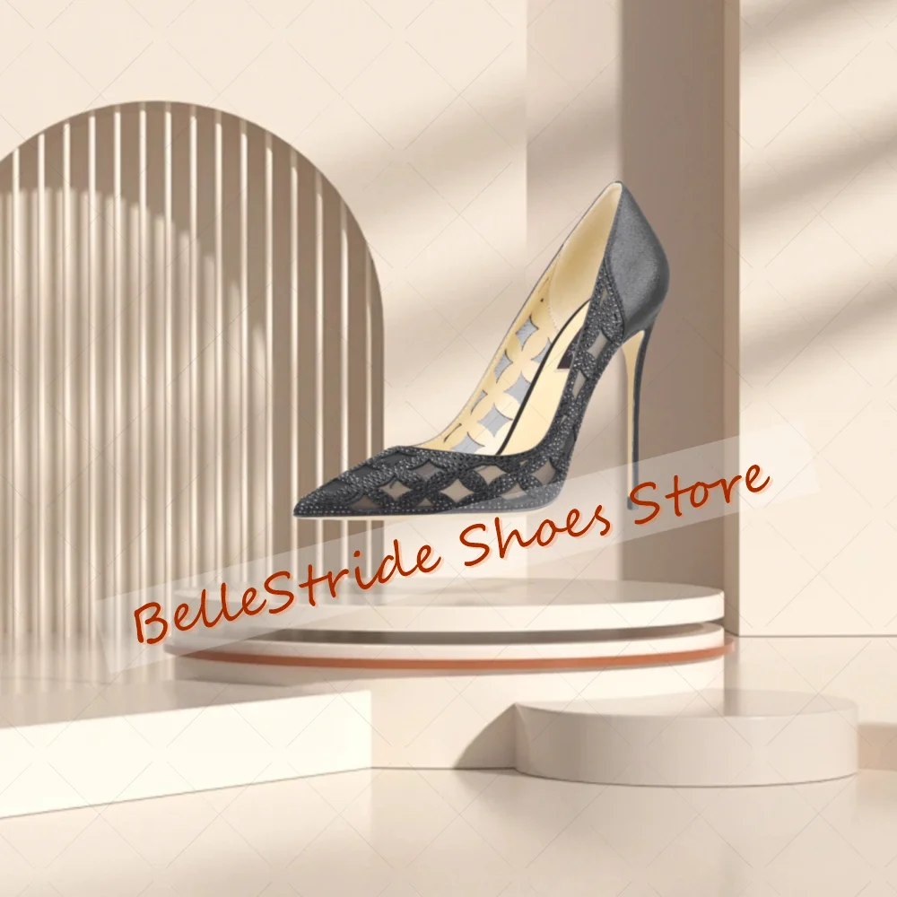 Silver Mesh Hollow Design Crystal Pumps Pointed Toe Women Shoes Thin High Heels Party Banquet Dating 2025 Zapatos Para Mujere