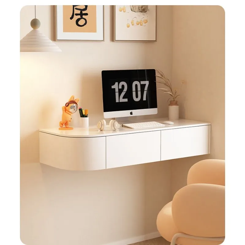 Modern Cream Minimalist Wood LED Wall Mounted Floating Makeup Vanity Desk with Mirror Storage Bedroom Home Decor Novelty New
