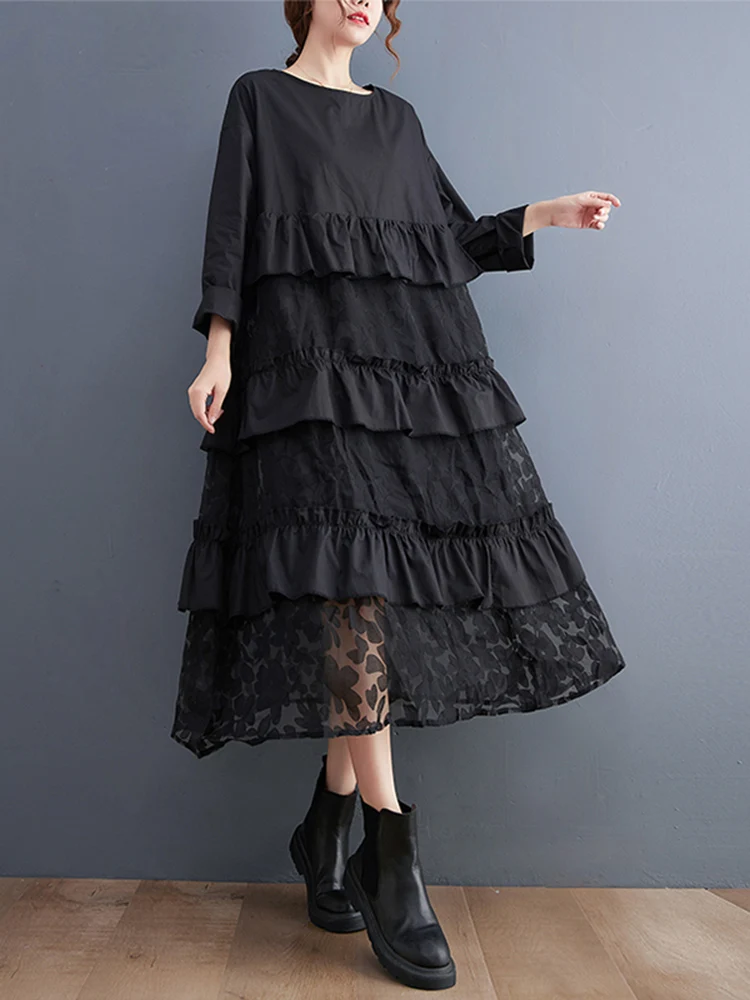 Ruffles Mesh Floral Black Vintage Dress Women Long Sleeve Loose Casual Midi Ladies Dresses Fashion Clothing Spring Autumn 2025