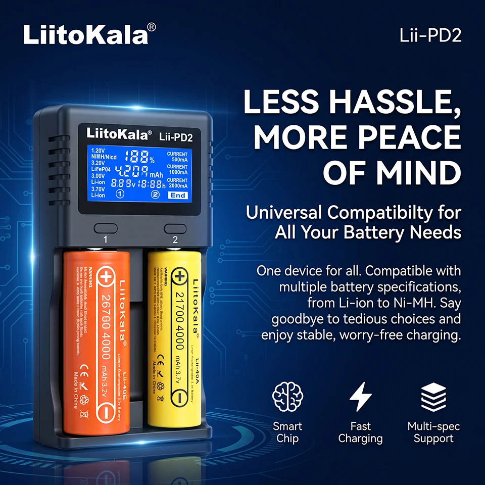 Cargador de batería PD2 de doble ranura sin polarización, 3 modos de corriente, pantalla LCD que muestra V/A/tiempo, para baterías de 3.7V Li-ion, 3.85V IMR, 3.2V LiFePO4 y 1.2V
