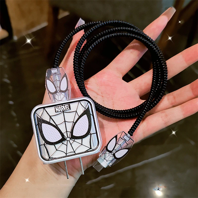 Disney Anime Spider Man Cable de datos USB funda protectora DIY dibujos animados Spider Man Linda funda protectora de PVC adecuada para teléfono de 20W