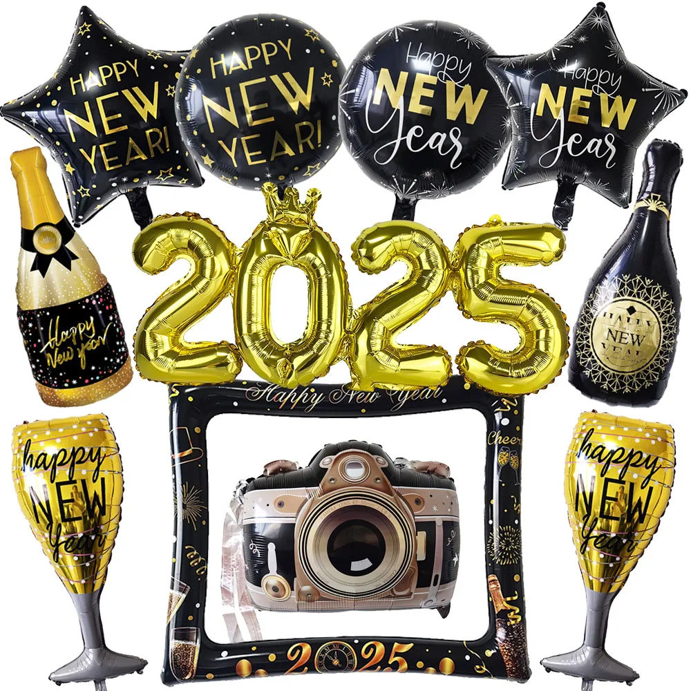 2025 New Years Eve Decoration Happy New Years Star Champagne Cups Wine Bottle Foil Balloons Happy New Years Eve Party Supplies