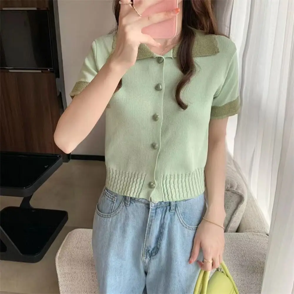 

Fashion Lapel Knit V-neck T-shirt Love button Korean Style Women's Slim Crop Tops Streetwear Patchwork Short Sleeve Tops Club