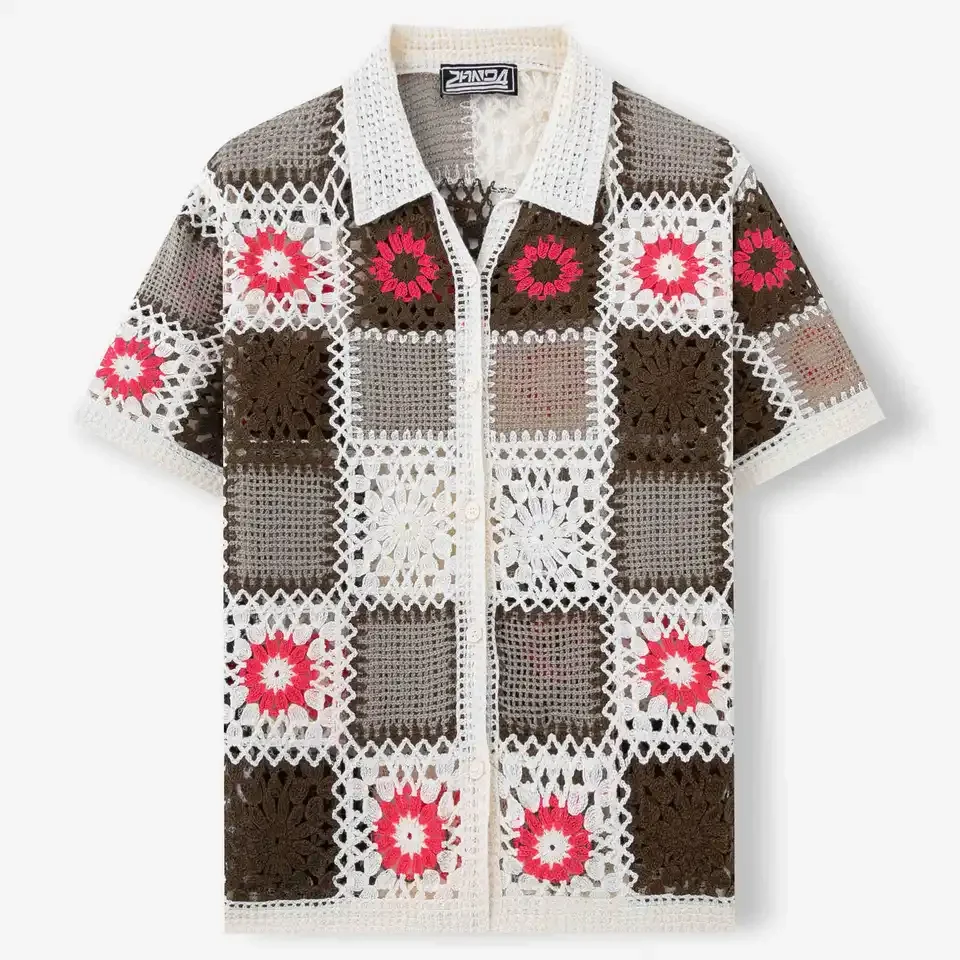 Vintage New Fashion Summer Men's Ethnic Knitted Hollowed Out Turn-down Collar Short Sleeve Single-breasted Shirts Male Coats