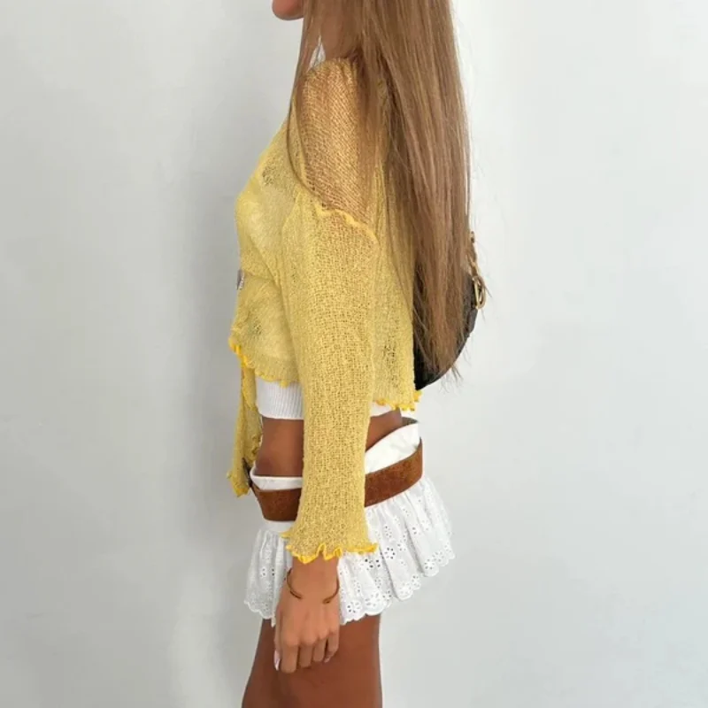 Womens Sheer Shrug Cardigan Lightweight Knit Mesh Shrug for Dress Tie Front Long Sleeve Crop Tops Cover Ups Knitwear