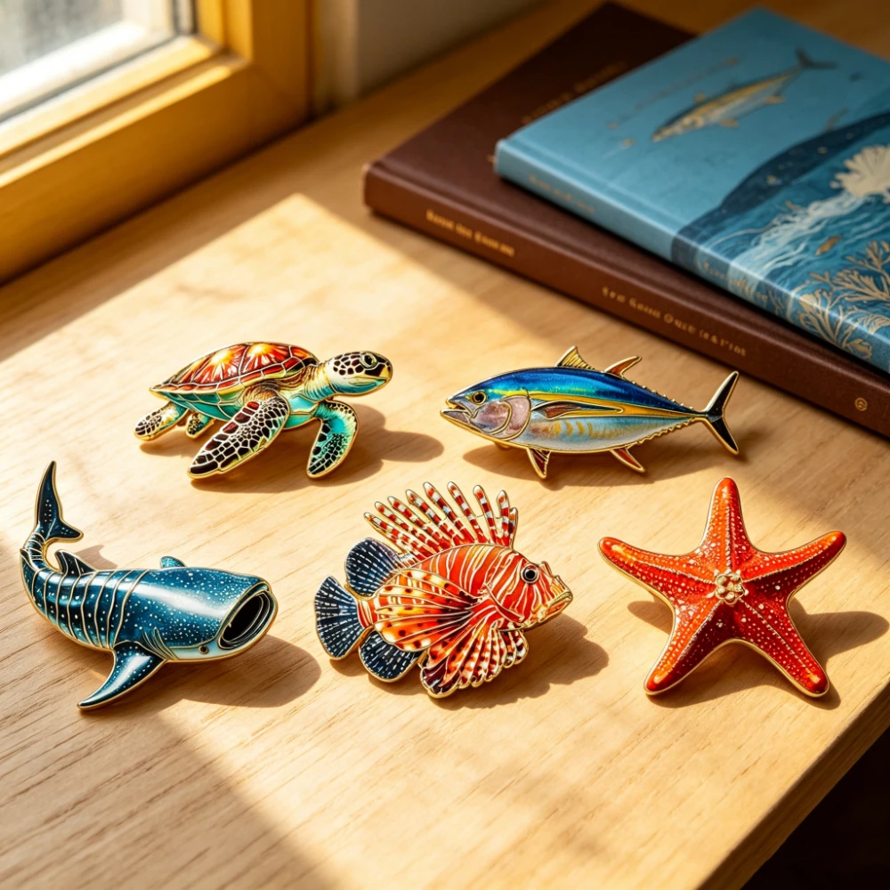 5Pcs Ocean Sea Creature Enamel Pin Set Whale Shark Lionfish Sea Turtle Lapel Brooches Decorative Pins for Backpack Clothing