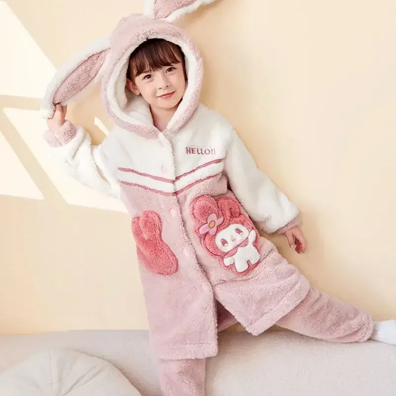 My Melody Kuromi  Anime Sanrio Ins Kawaii Fashio Children Nightgown Coral Velvet Thick Pajamas Cute Warm Home Wear Clothing Toys