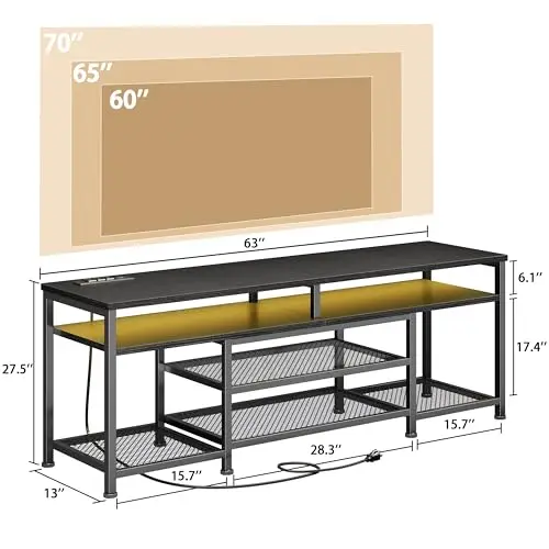TV Stand with Power Outlets and LED Lights, 63 Inch Entertainment Center for 60 65 70 Inch TVs, Media Console Table