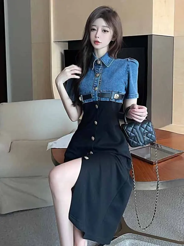 2024 Summer Fake Two Piece Denim Splicing Polo Neck Single Breasted Short Sleeve Dress Women Cinching Waist Slim Long Dress 02FB