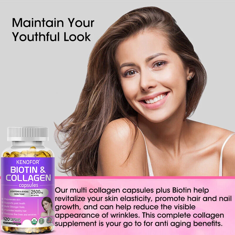 KENOFOR Biotin Collagen Supplement 2500 mg Unisex Hair Skin Nail Support 30 to 120 Capsules