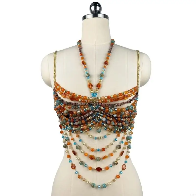 Y3NE Halter Neck Crop Top With Layered Acrylic Multicolor Beaded Body Chain Fashionable Chest Chain For Women Clubwear