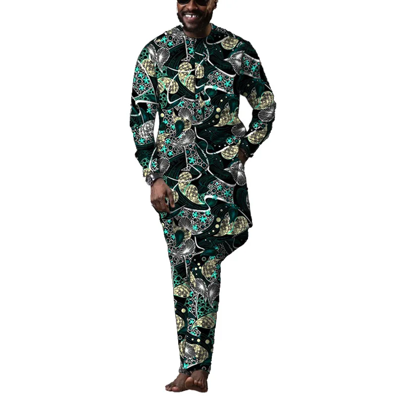 Men Long Shirts+Trousers Custom Made Pant Sets Ankara Fashion Male Groom Suits Plus Size African Party Clothes