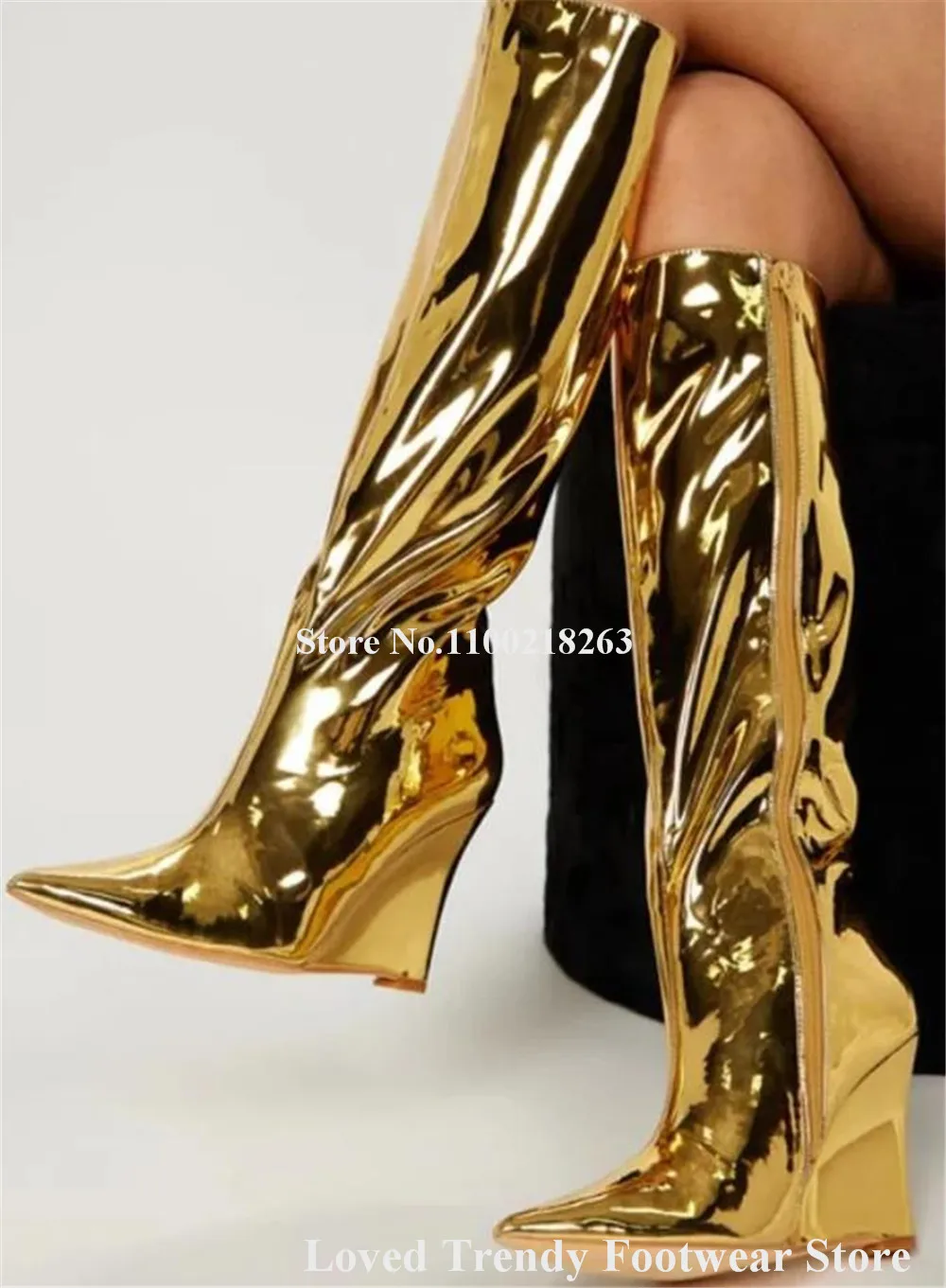 

Shining Gold Silver Patent Leather Knee High Wedge Boots Pointed Toe Side Zipper-up Long Wedges Sexy Party Boots