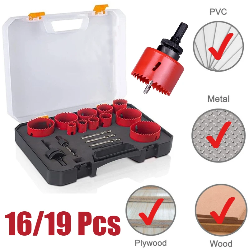 

Комплект биметаллических кольцевых пил 19-68 мм, набор сверл из высокоскоростной стали, футляр для хранения, шестигранный хвостовик, прецизионная резка для дерева, металла, гипсокартона