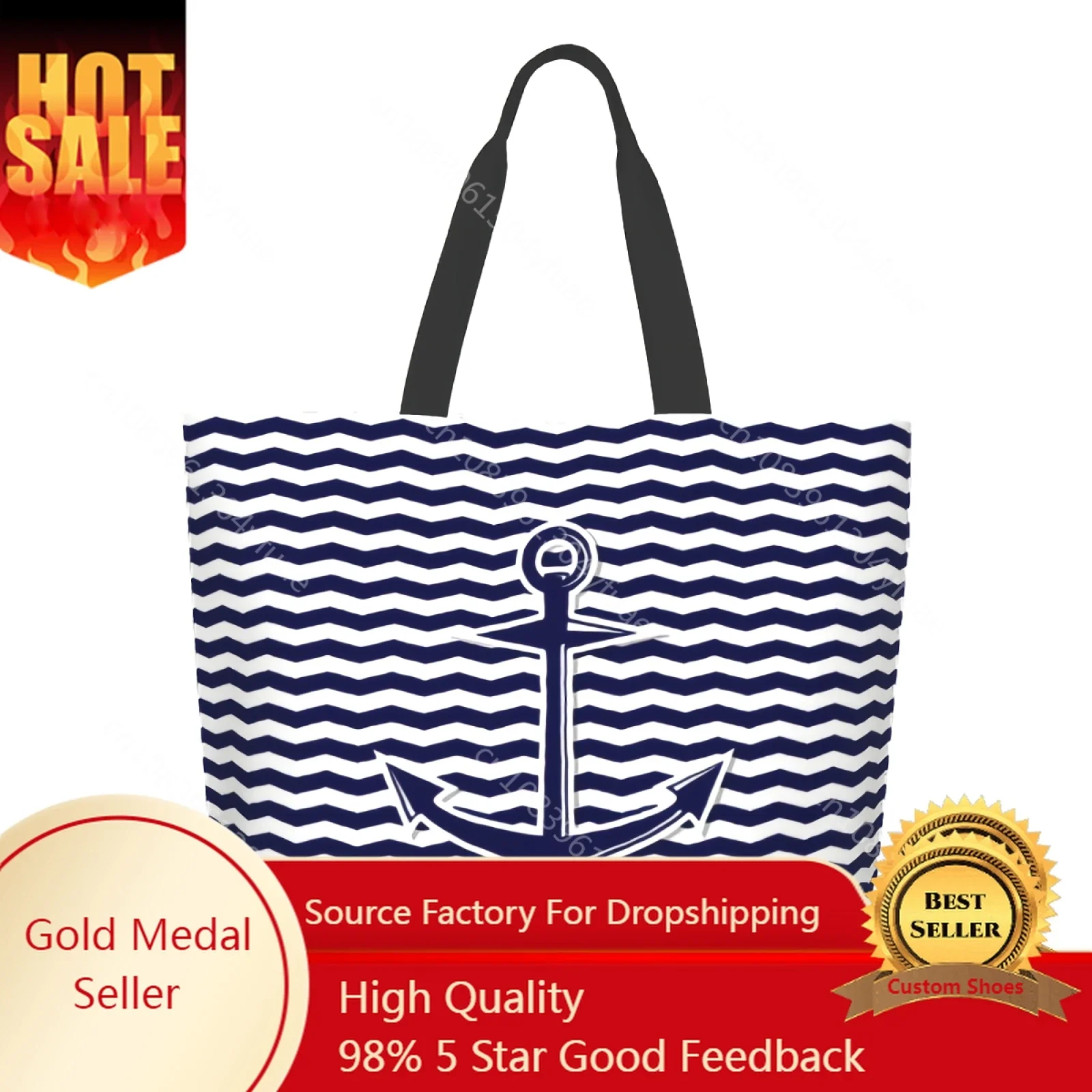 

Abstract Anchor Symbol Extra Large Grocery Bag Blue and White Stripe Reusable Tote Bag Shopping Travel Storage Tote