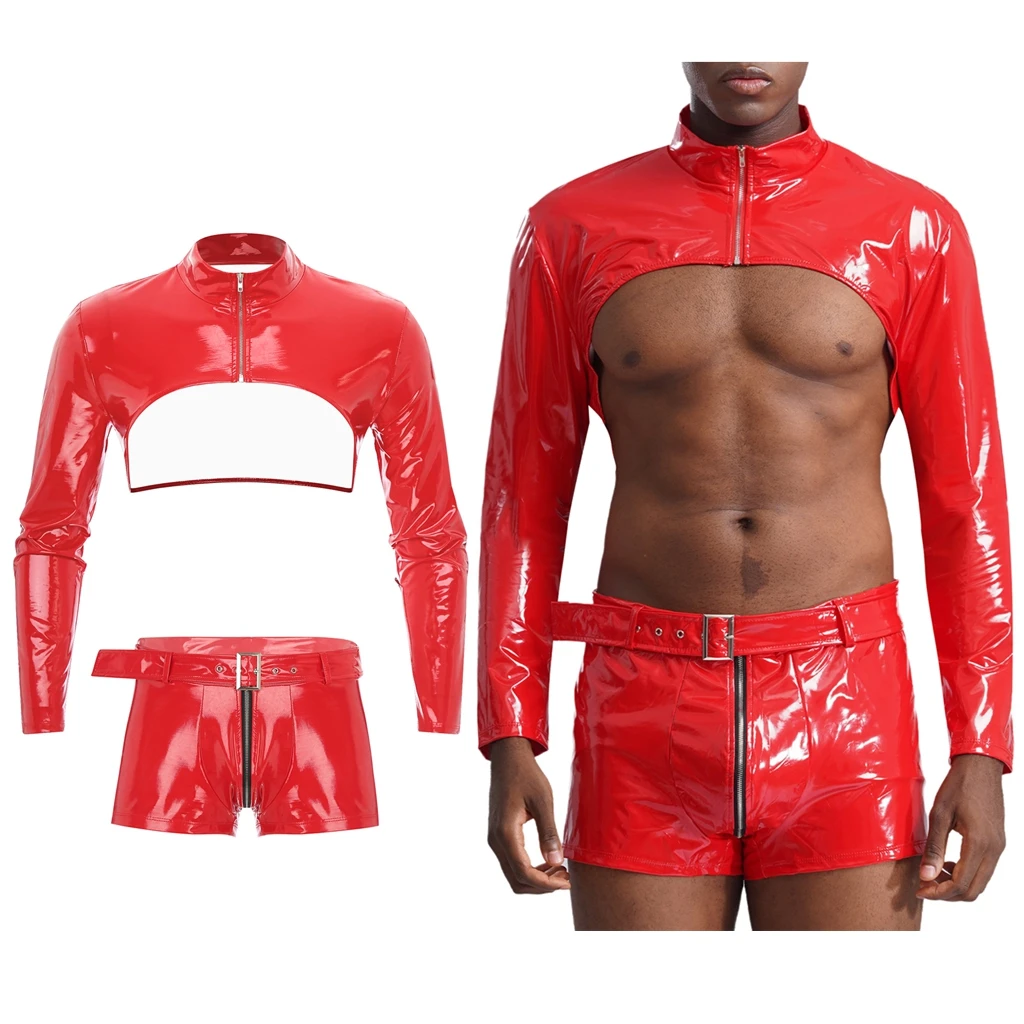 

Men Sexy Punk Party Rave Nightclub Outfit Moto&biker Costume Cropped Shrug Tops with Boxer Briefs Latex Suit Pole Dance Wear