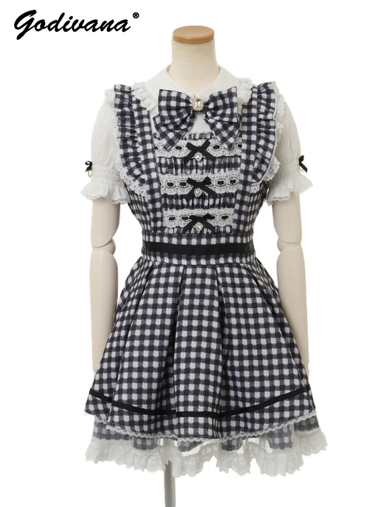 

Japanese Style New Women's Sweet Liz Plaid Tweed Short Sleeve Cute Lace Dress and Shorts 2 Piece Set Girls Lolita Outfits